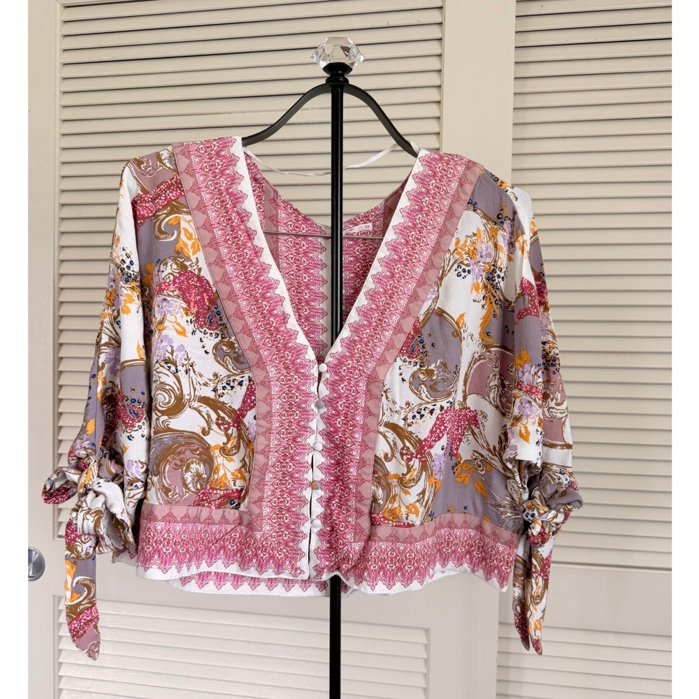 Free People Pink Paisley Floral Cropped Blouse Tie Sleeve XS